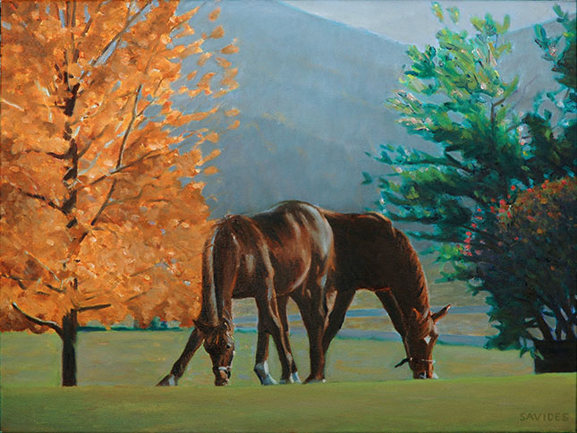 Two Mares Grazing By Nick Savides