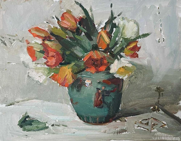 Tulips in a Teal Vase
